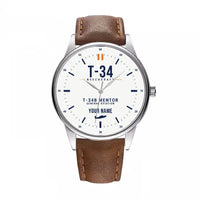 Thumbnail for Beechcraft T-34B Mentor - Classic - White + Name - Leather Strap - Brown Leather Strap