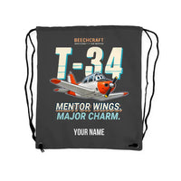 Thumbnail for Beechcraft T-34B Mentor - Drawstring Bag - Cartoon + Name - Gray