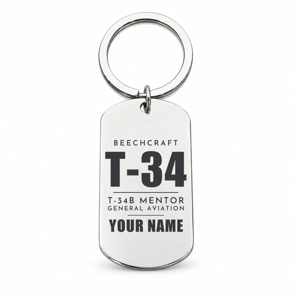 Beechcraft T-34B Mentor - Key Chain - Tag + Name - Silver