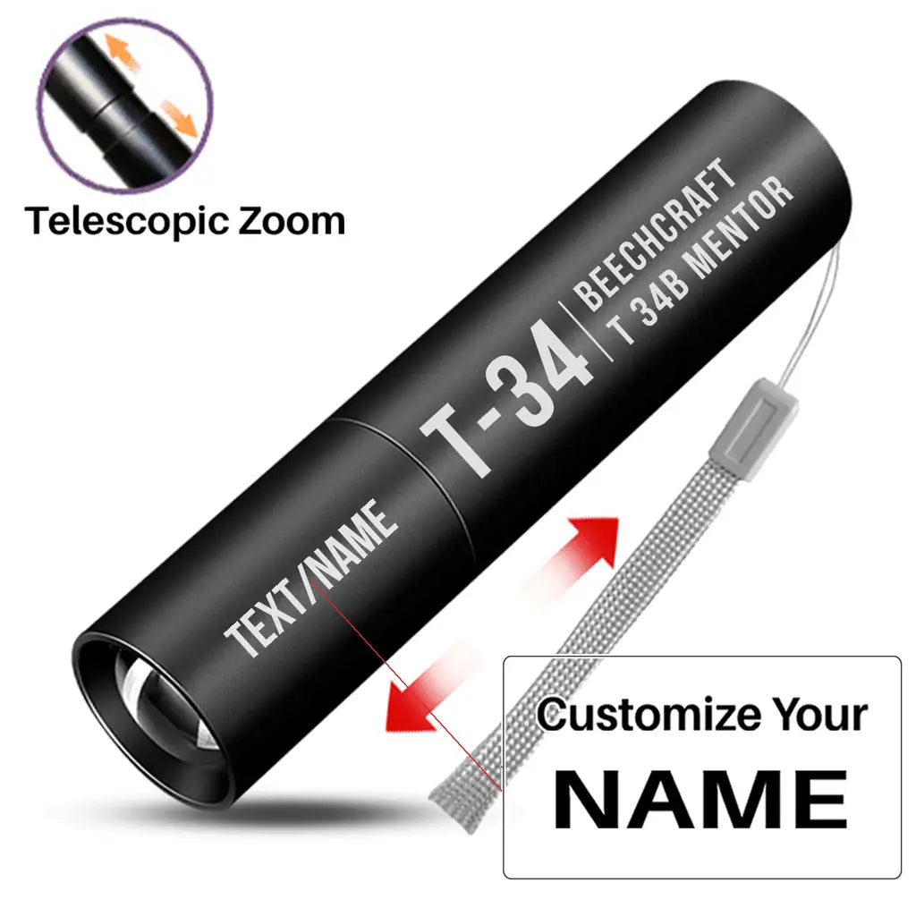 Beechcraft T-34B Mentor - Mini LED Flashlight - Tag - Black + Name
