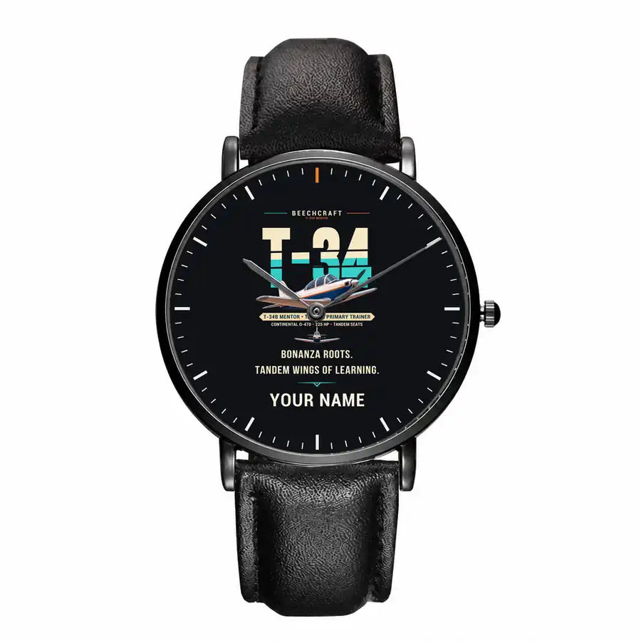 Beechcraft T-34B Mentor - Original + Name - Slim Leather - Black and Black Leather Strap