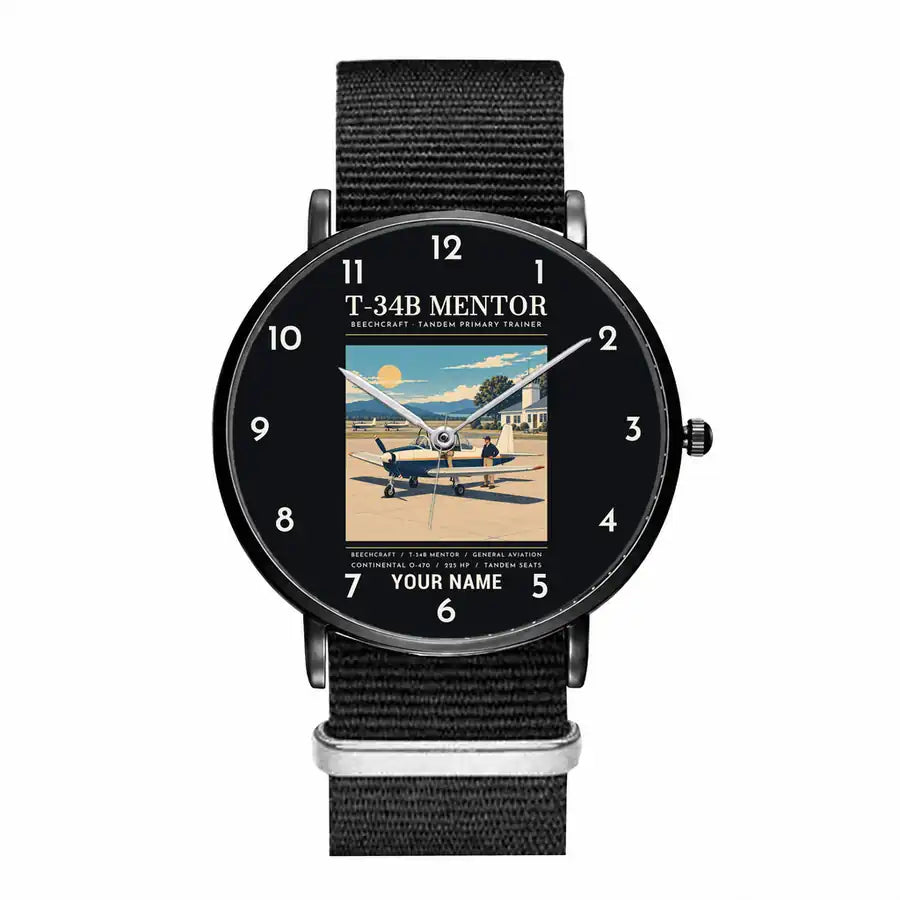 Beechcraft T-34B Mentor - Poster + Name - Slim Leather - Black and Black Nylon Strap