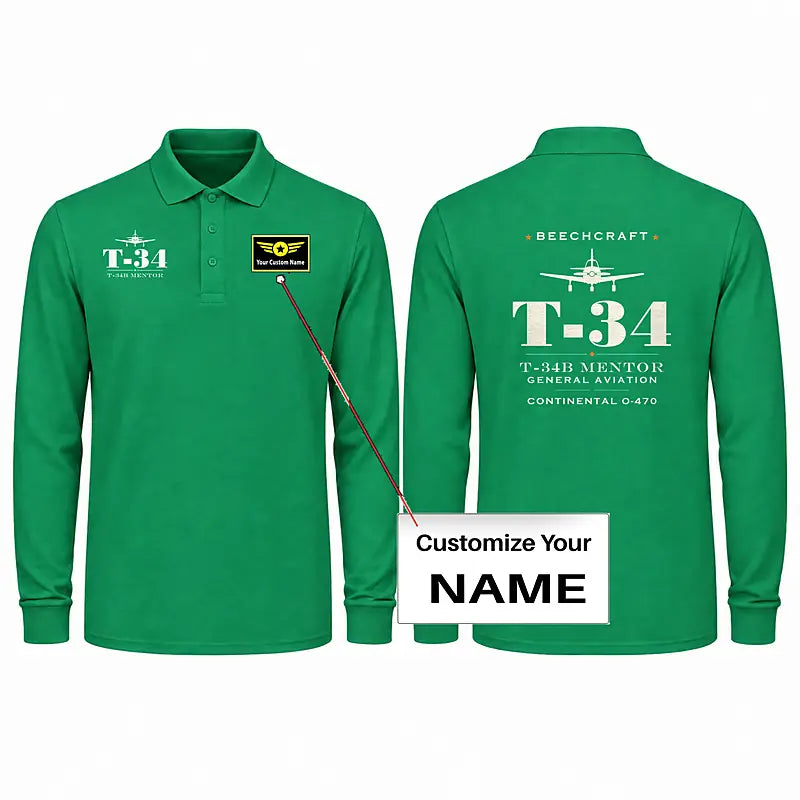 Beechcraft T-34B Mentor Premium Polo T-Shirts - Heritage + Name - Long Sleeve - Green