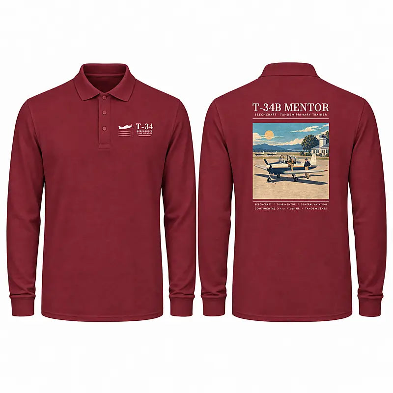 Beechcraft T-34B Mentor Premium Polo T-Shirts - Poster - Long Sleeve - Dark Red
