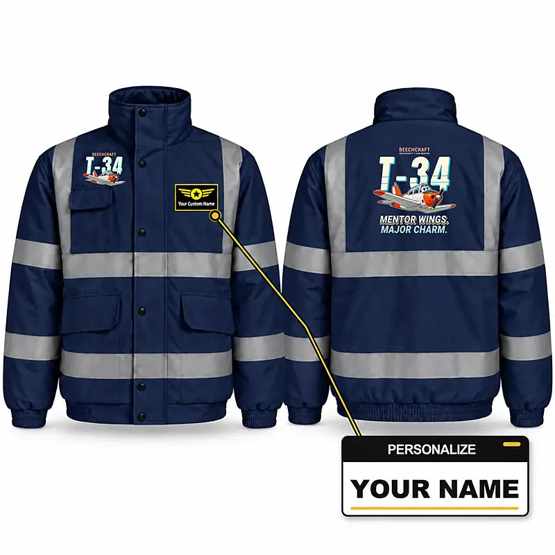 Beechcraft T-34B Mentor Reflective Winter Jackets - Cartoon + Name - Navy Blue