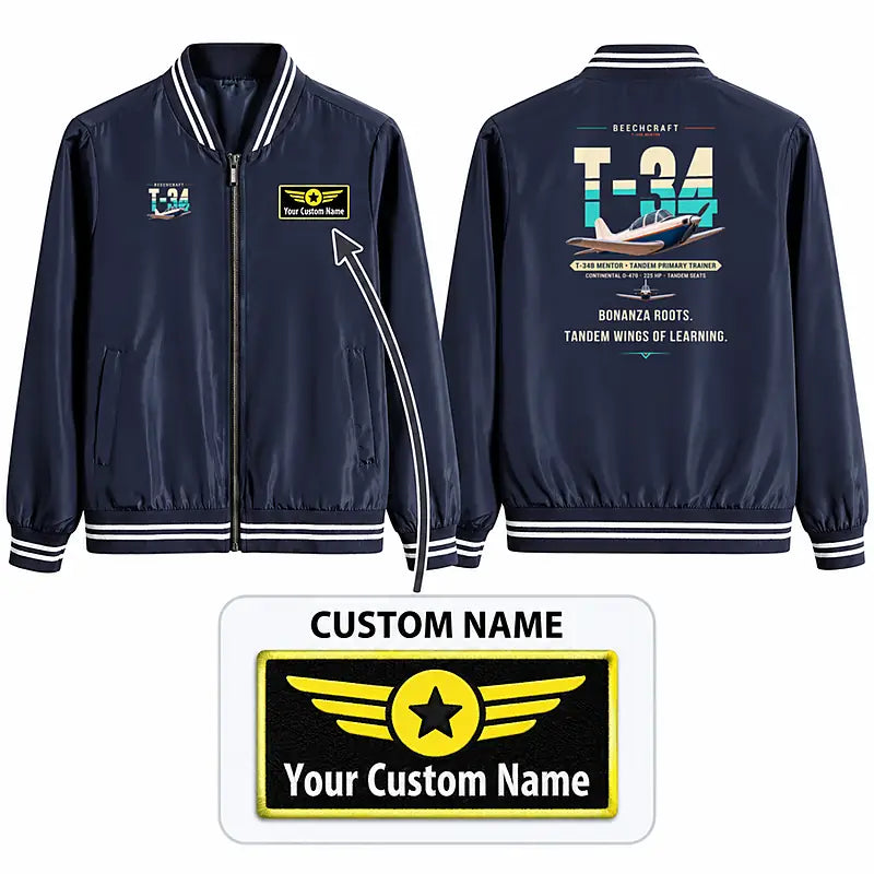 Beechcraft T-34B Mentor Stylish Jackets - Baseball Collar - Original + Name - Navy Blue