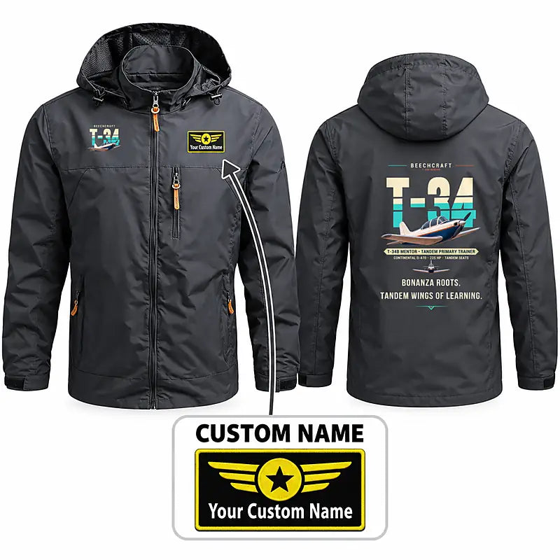 Beechcraft T-34B Mentor Stylish Jackets - Hooded Windbreaker - Original + Name - Charcoal