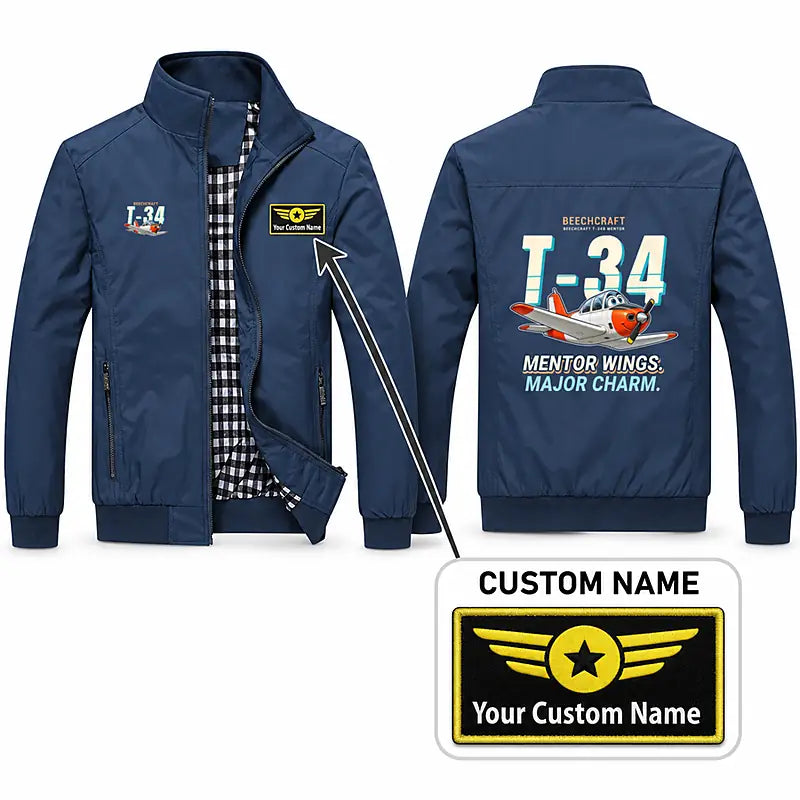 Beechcraft T-34B Mentor Stylish Jackets - Stand Collar - Cartoon + Name - Navy Blue