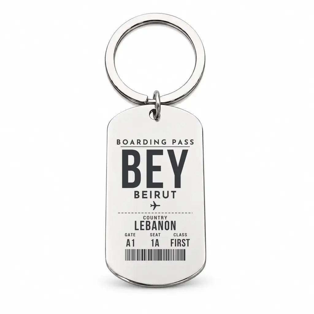 Beirut Rafic Hariri International Airport BEY - Levantine Sea Current - Key Chain - Boarding Pass Style - Silver