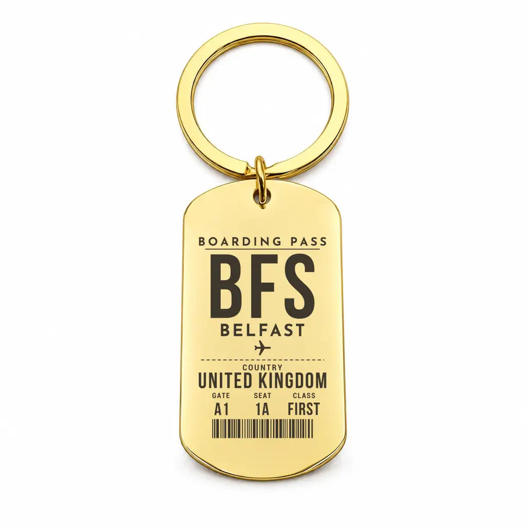 Belfast International Airport BFS - Key Chain - Boarding Pass Style - Gold