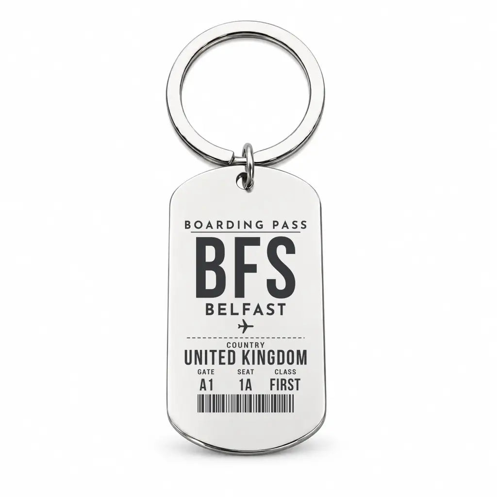 Belfast International Airport BFS - Key Chain - Boarding Pass Style - Silver
