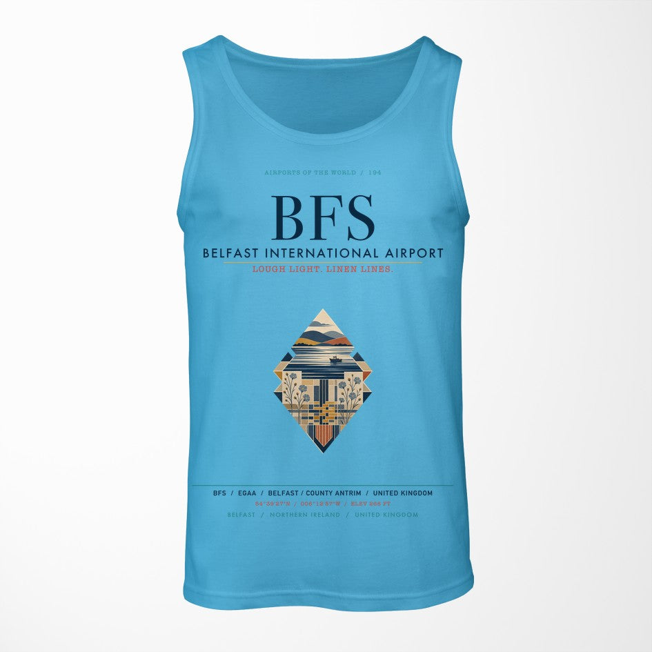 Belfast International Airport (BFS) design on sky blue tank top