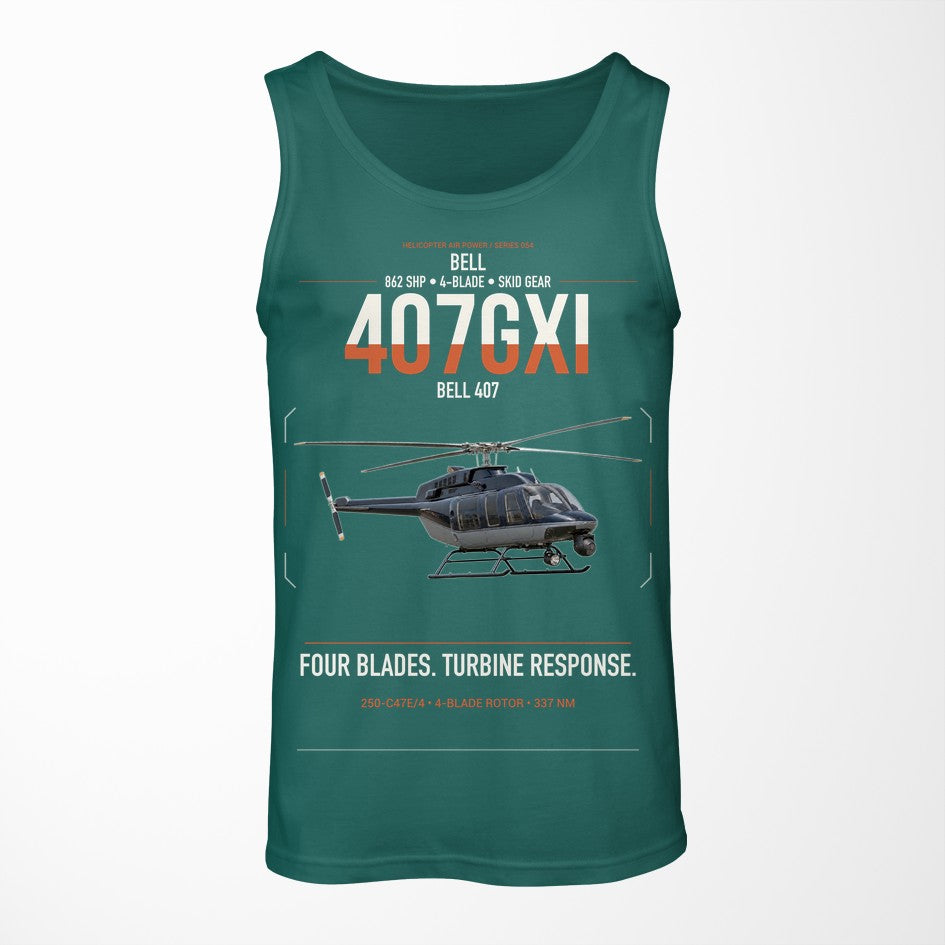 Bell 407GXi design on green tank top