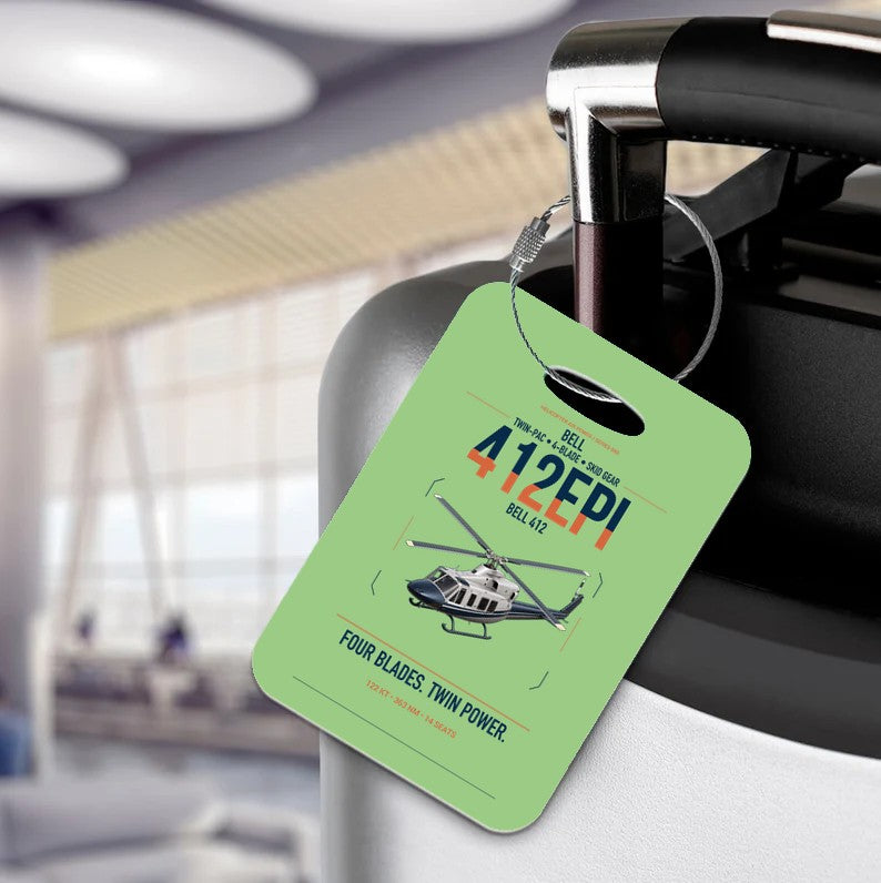 Bell 412EPI design on light green acrylic luggage tags, double-side print
