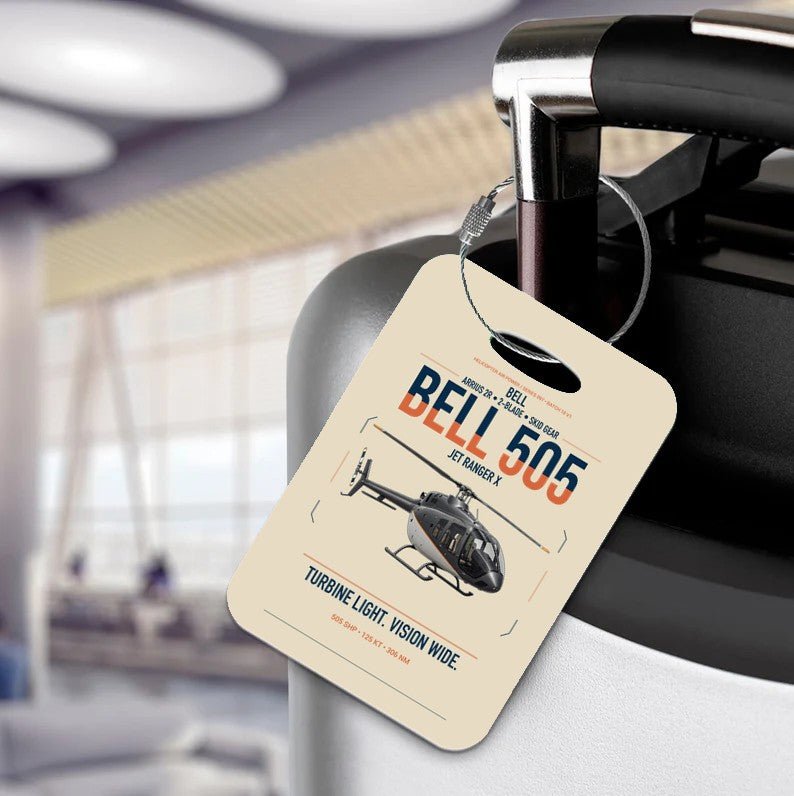 Bell 505 Jet Ranger X design on beige acrylic luggage tags, double-side print