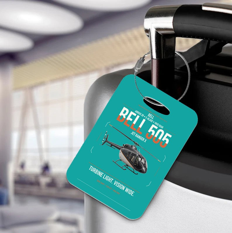 Bell 505 Jet Ranger X design on turquoise acrylic luggage tags, double-side print