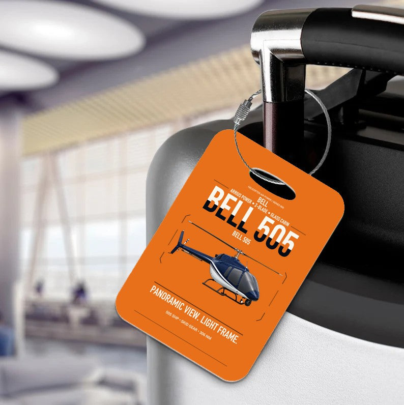 Bell 505 design on orange acrylic luggage tags, double-side print
