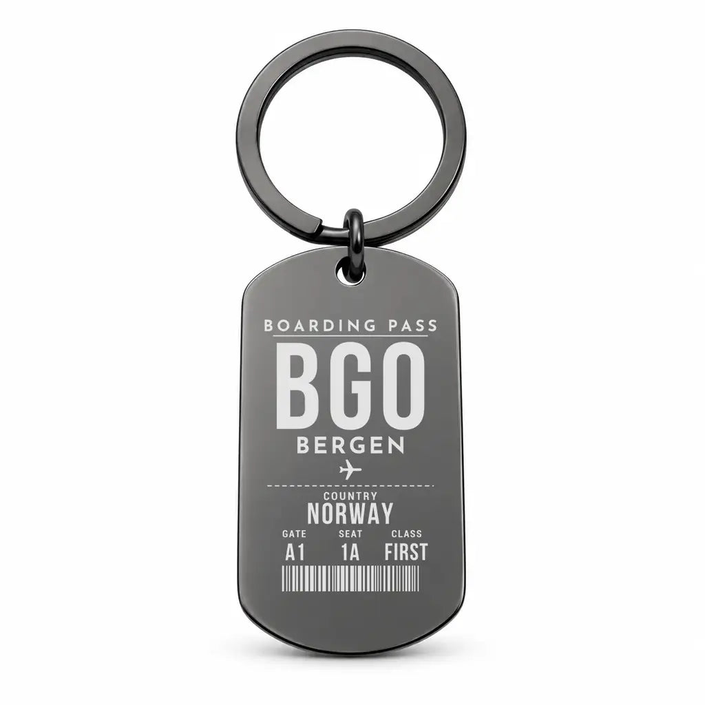 Bergen Airport Flesland BGO - Seven-Rain Fjord Tapestry - Key Chain - Boarding Pass Style - Black