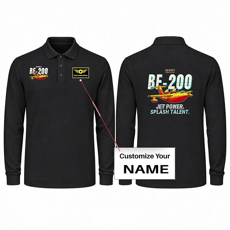 Beriev Be-200ES Premium Polo T-Shirts - Cartoon + Name - Long Sleeve - Black