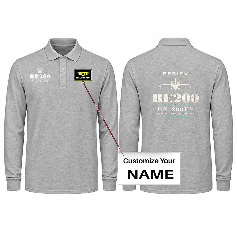 Beriev Be-200ES Premium Polo T-Shirts - Heritage + Name - Long Sleeve - Gray