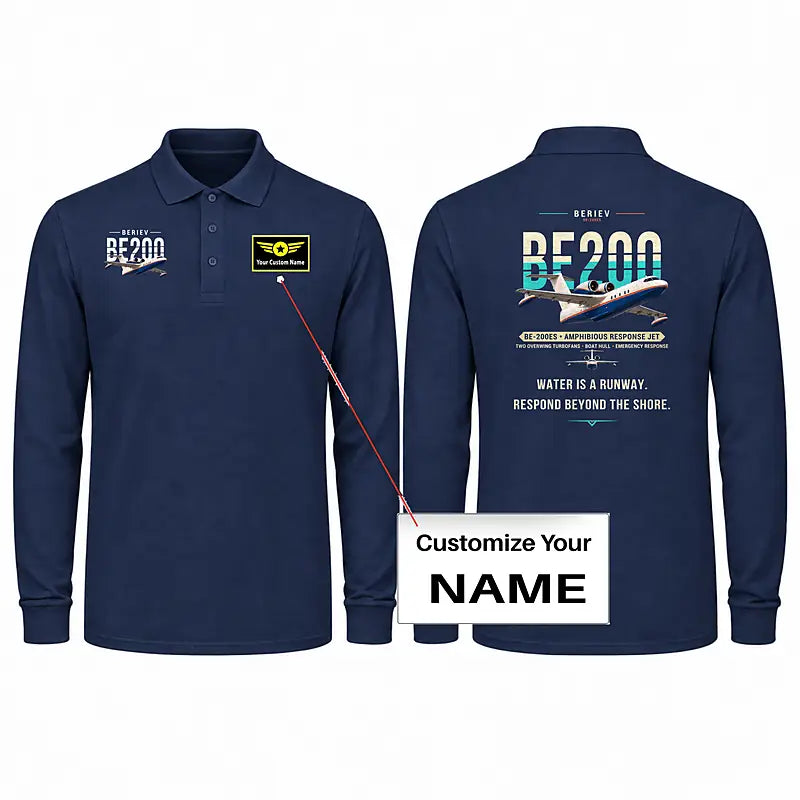 Beriev Be-200ES Premium Polo T-Shirts - Original + Name - Long Sleeve - Dark Blue