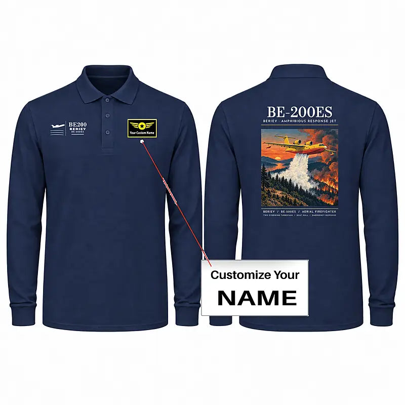 Beriev Be-200ES Premium Polo T-Shirts - Poster + Name - Long Sleeve - Dark Blue