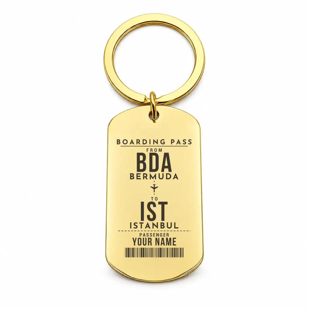 Bermuda L.F. Wade International Airport BDA - Key Chain - Customizable Boarding Pass - Gold