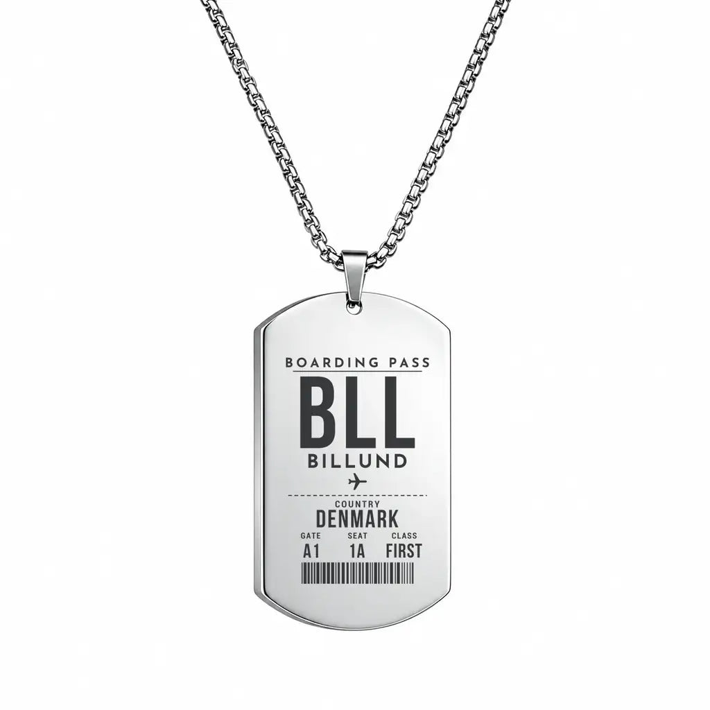 Billund Airport BLL - Necklace - Boarding Pass Style - Silver