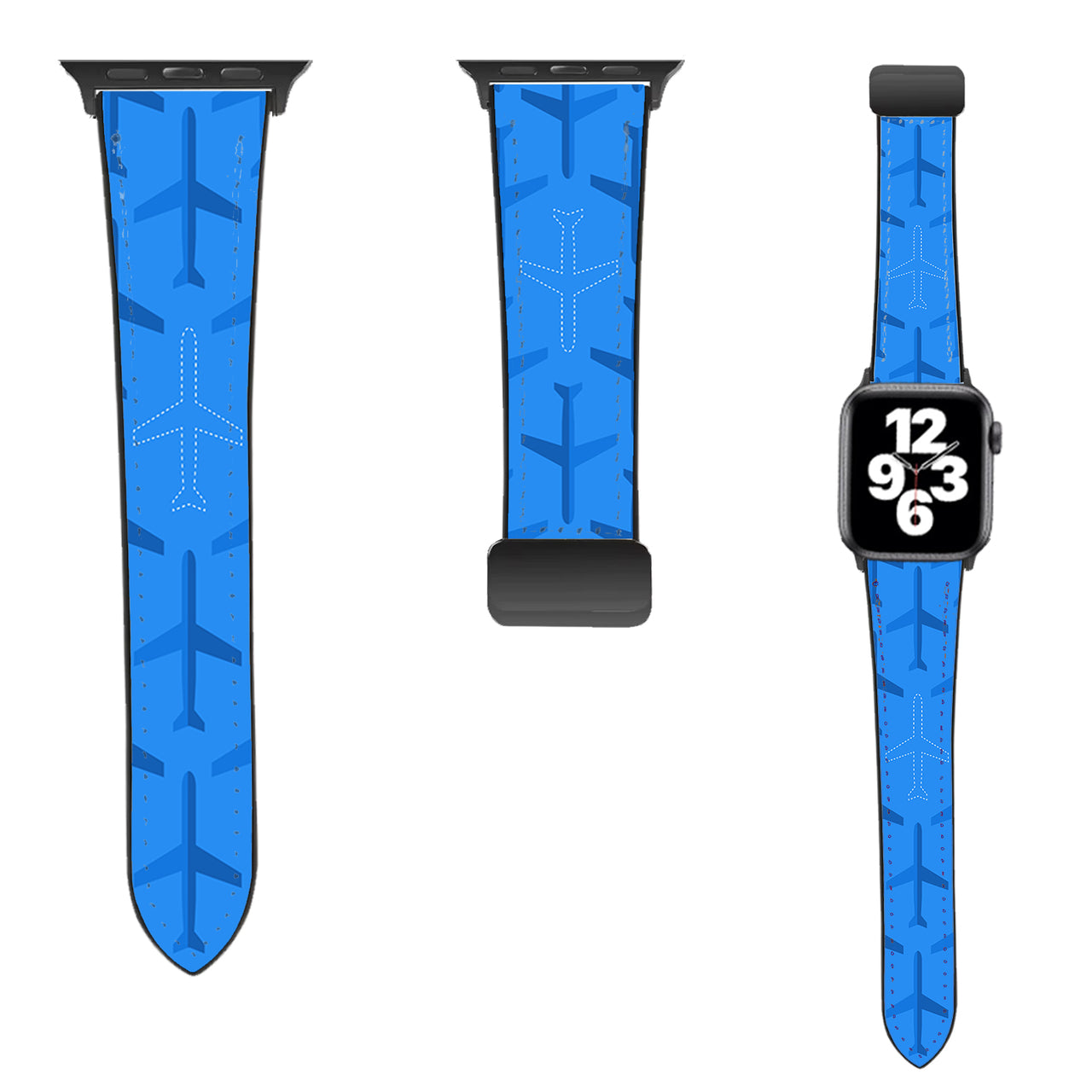 Blue Seamless Airplanes Designed Leather Apple Watch Straps