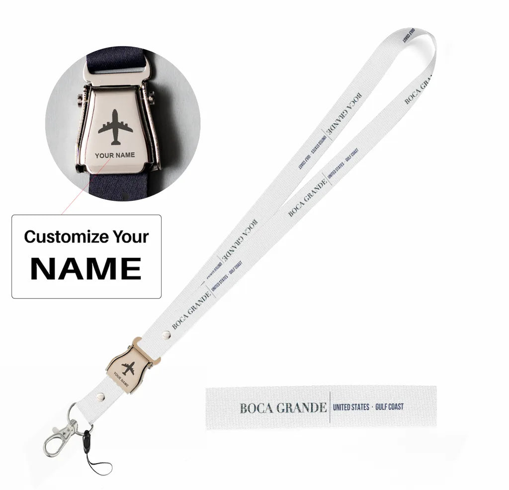 Boca Grande City Series seat belt lanyard - white with name