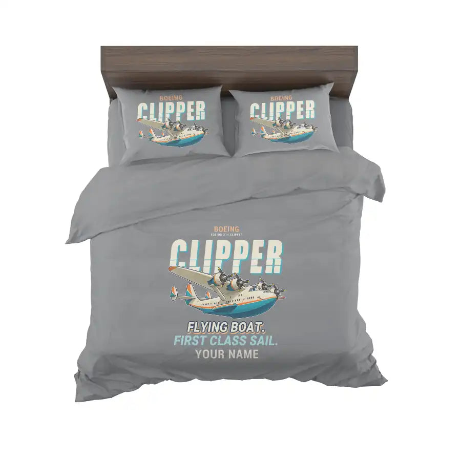 Boeing 314 Clipper - Cartoon + Name - Bedding Set - Gray