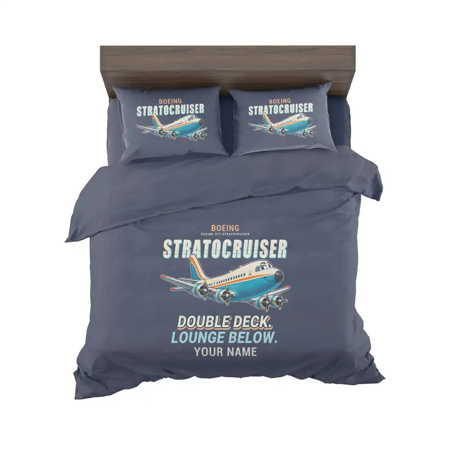 Boeing 377 Stratocruiser - Cartoon + Name - Bedding Set - Navy Blue