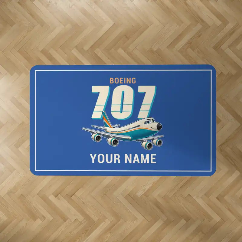 Boeing 707-320C - Cartoon + Name - Rectangle Carpet - Blue