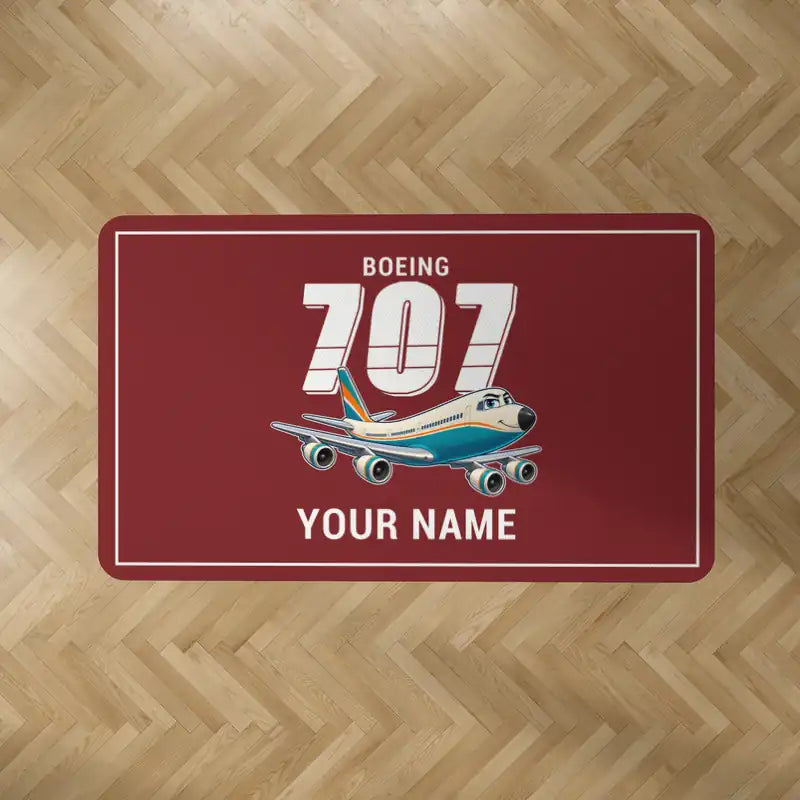 Boeing 707-320C - Cartoon + Name - Rectangle Carpet - Dark Red