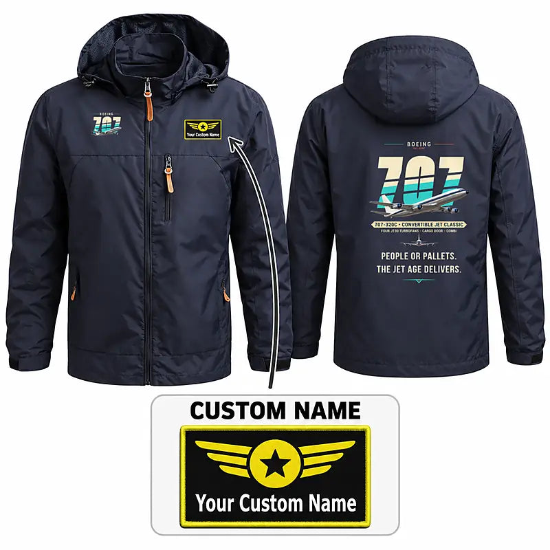 Boeing 707-320C Stylish Jackets - Hooded Windbreaker - Original + Name - Navy Blue