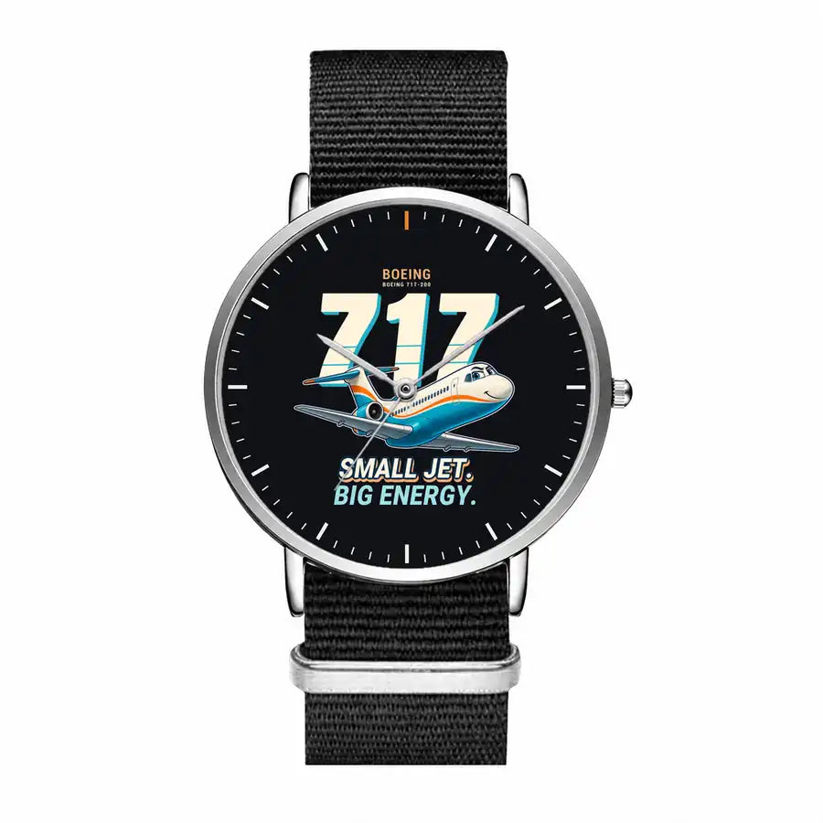 Boeing 717-200 - Cartoon - Slim Leather - Silver and Black Nylon Strap