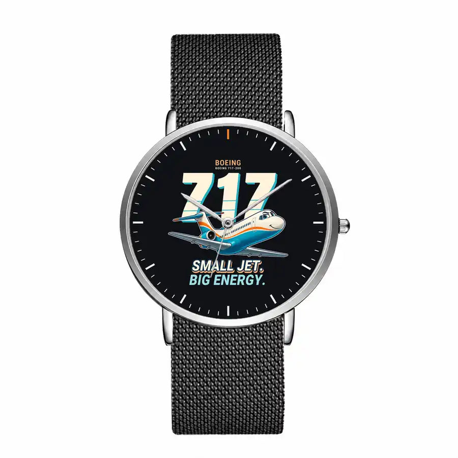 Boeing 717-200 - Cartoon - Slim Mesh - Silver and Black Stainless Steel Strap