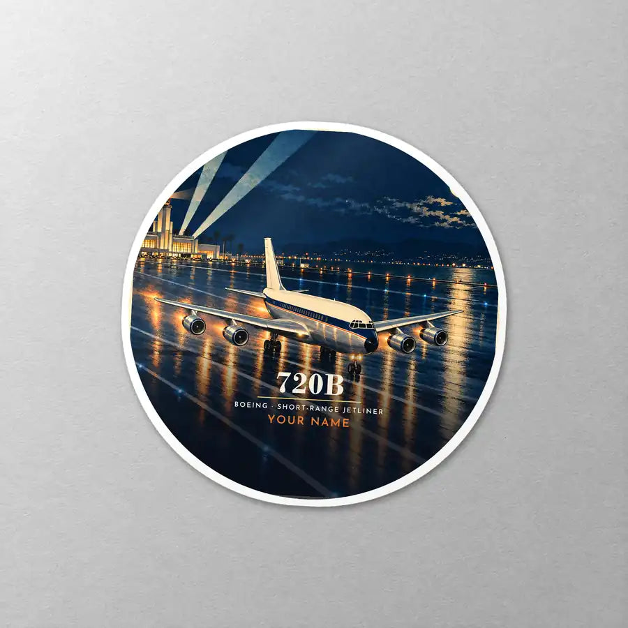 Boeing 720B - 3D + Name - Circle Sticker - Close-up