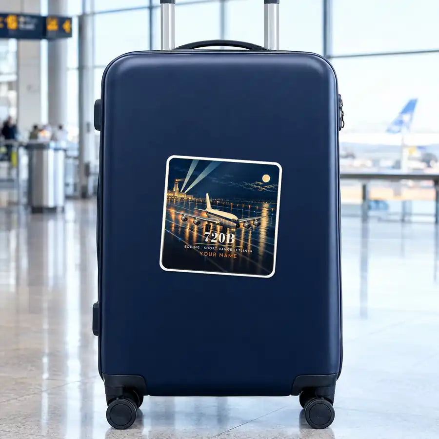 Boeing 720B - 3D + Name - Square Sticker - Suitcase