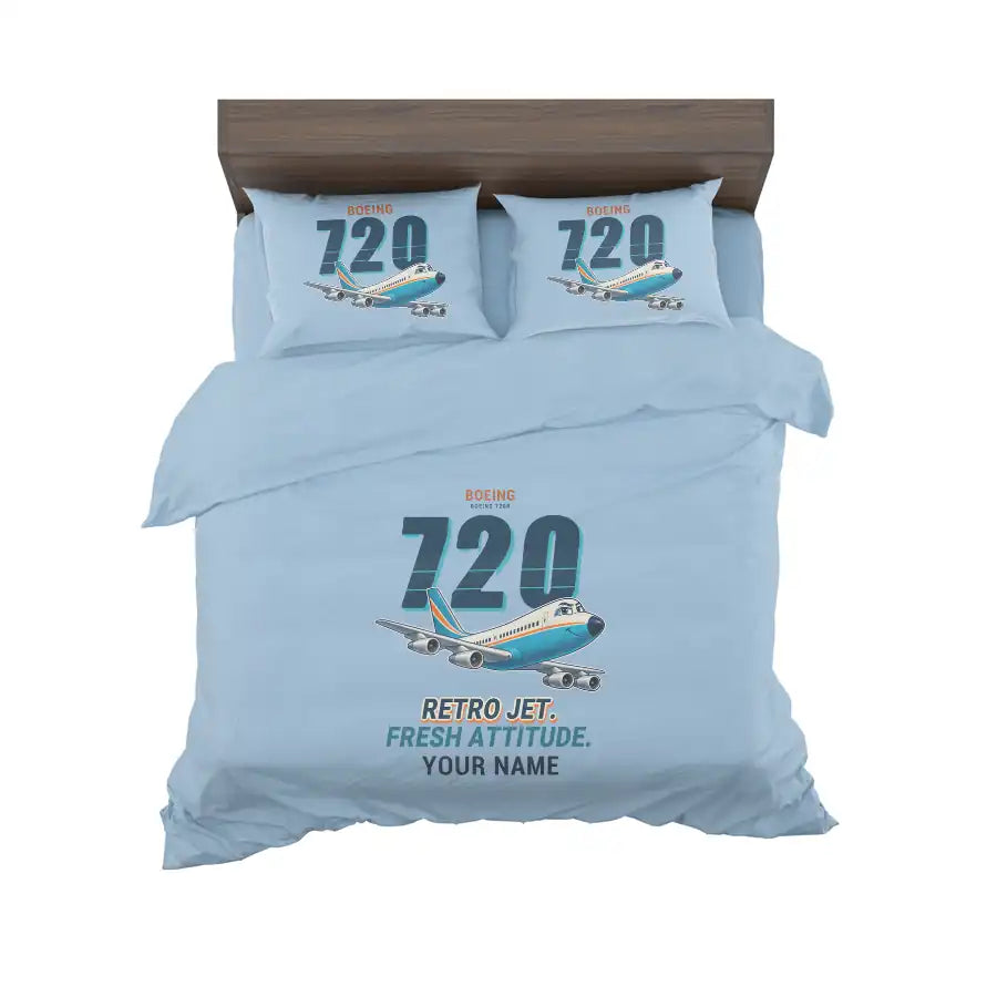 Boeing 720B - Cartoon + Name - Bedding Set - Light Blue
