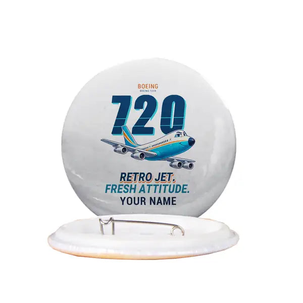 Boeing 720B - Cartoon + Name - Pin - White