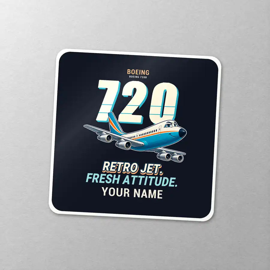 Boeing 720B - Cartoon + Name - Square Sticker - Close-up