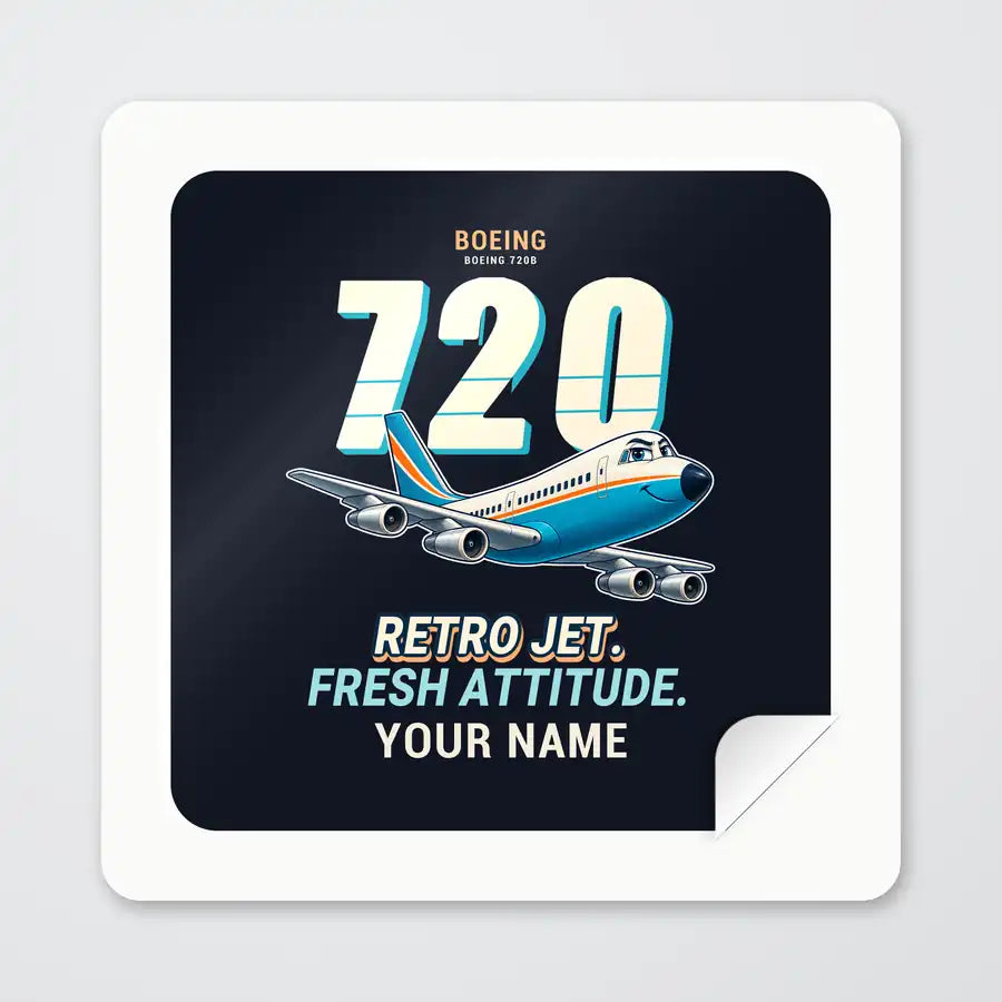 Boeing 720B - Cartoon + Name - Square Sticker - Peel