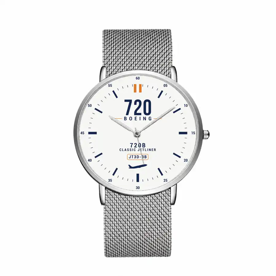 Boeing 720B - Classic - White - Slim Mesh - Silver and Silver Stainless Steel Strap