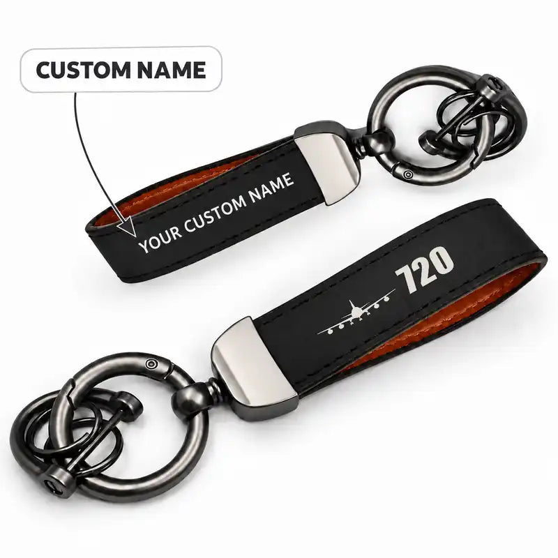 Boeing 720B - Leather Key Chain - Horseshoe Buckle - Heritage - Black + Name