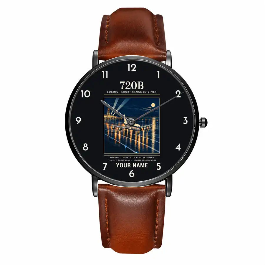 Boeing 720B - Poster + Name - Slim Leather - Black and Brown Leather Strap