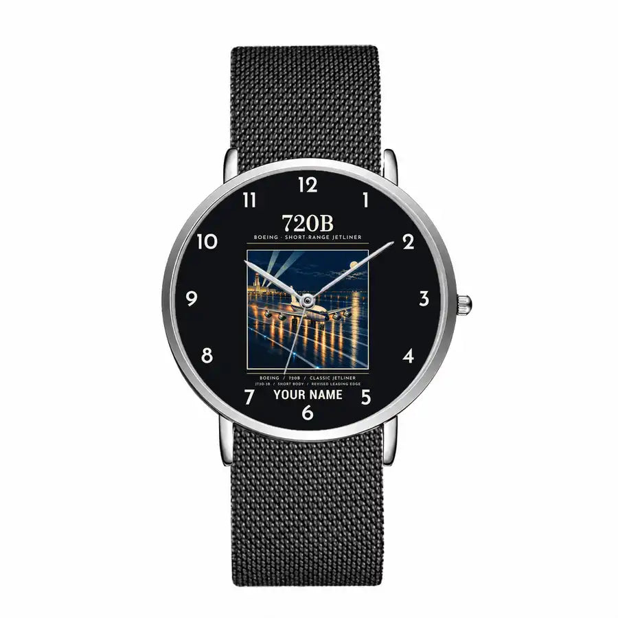 Boeing 720B - Poster + Name - Slim Mesh - Silver and Black Stainless Steel Strap