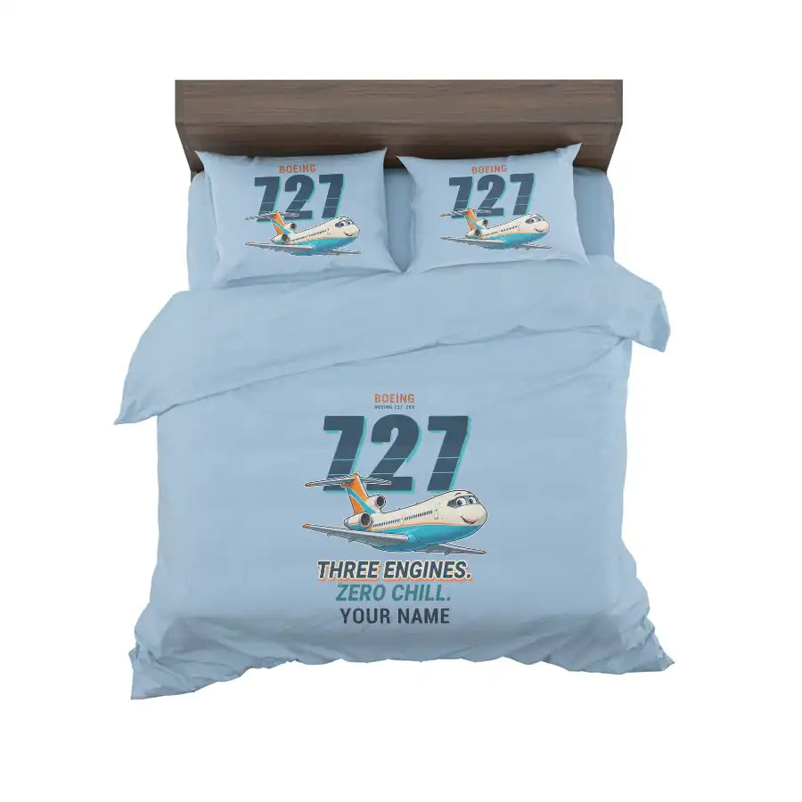 Boeing 727-200 - Cartoon + Name - Bedding Set - Light Blue