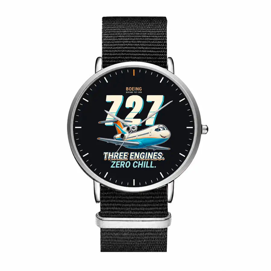 Boeing 727-200 - Cartoon - Slim Leather - Silver and Black Nylon Strap