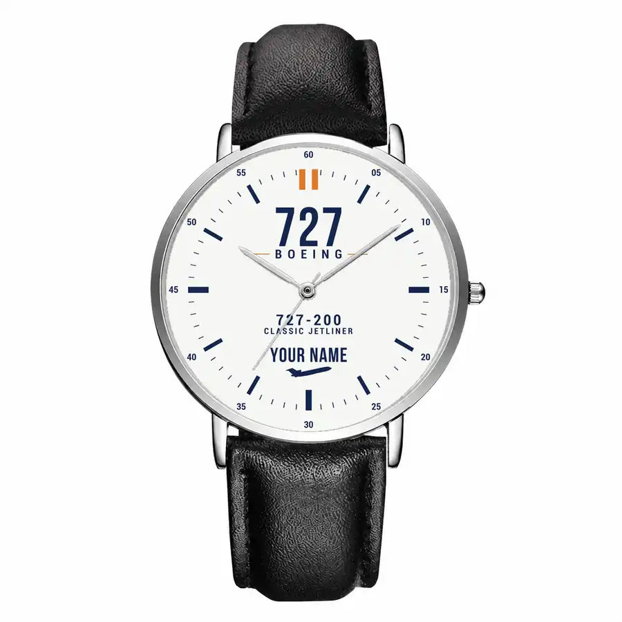 Boeing 727-200 - Classic - White + Name - Slim Leather - Silver and Black Leather Strap